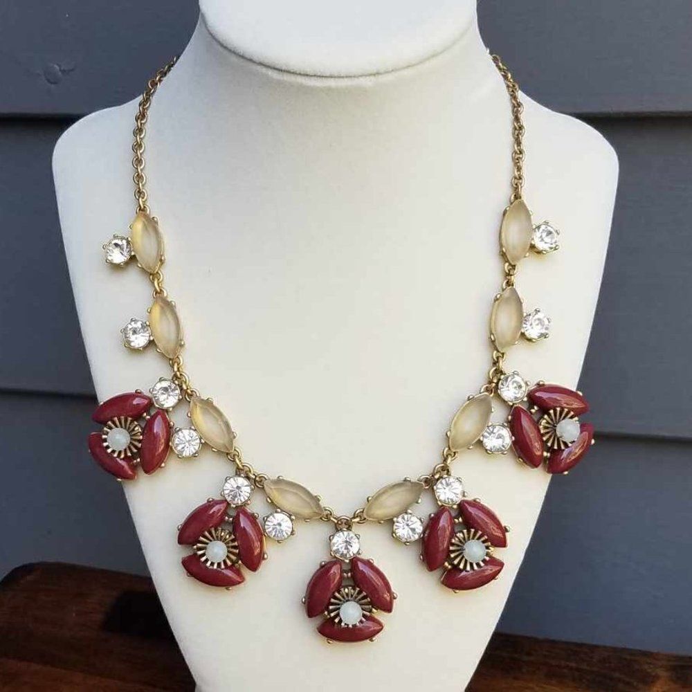 J Crew Brick Red Flower Statement Necklace with Clear Rhinestone Crystals
